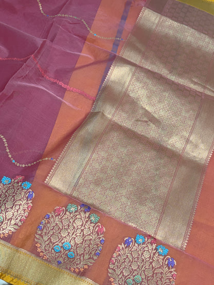 Peach Pure Banarasi Kora Silk Saree