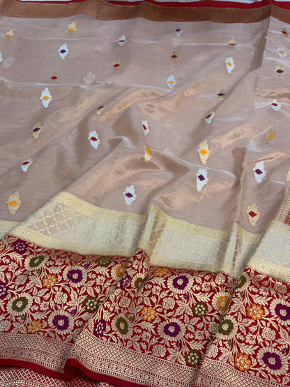 Lavender Handwoven Tissue Buti Banarasi Meenakari Saree with Kadhiyal Border