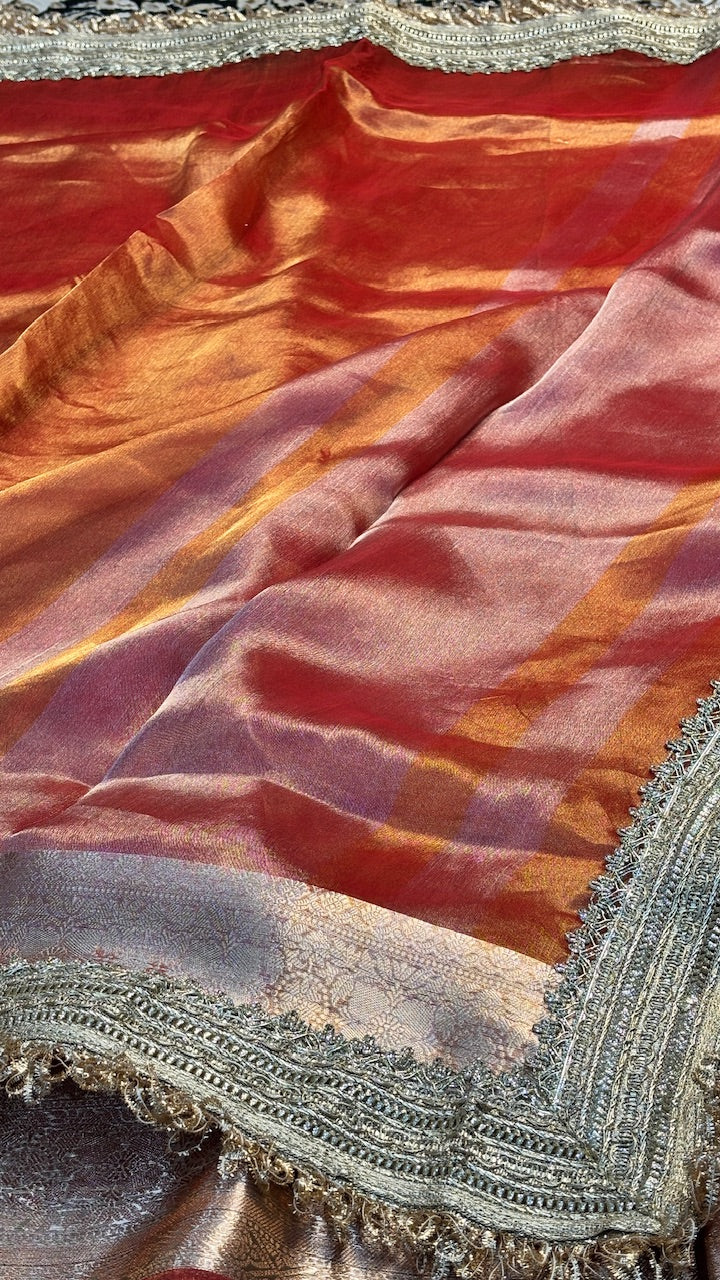Copper Orange Banarasi Tissue Silk Handwoven Saree