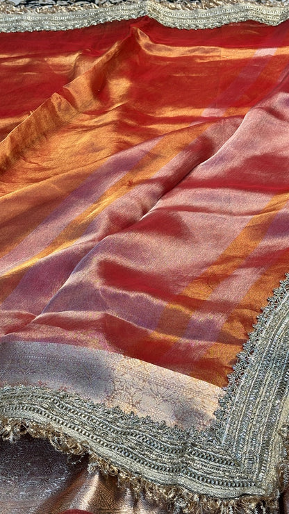 Copper Orange Banarasi Tissue Silk Handwoven Saree