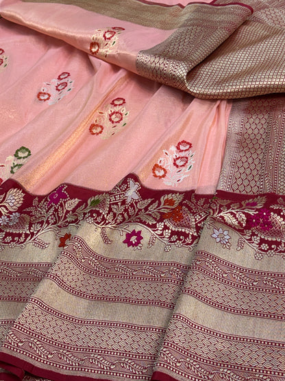 Peach Handwoven Tissue Buti Banarasi Meenakari Saree with Kadhiyal Border