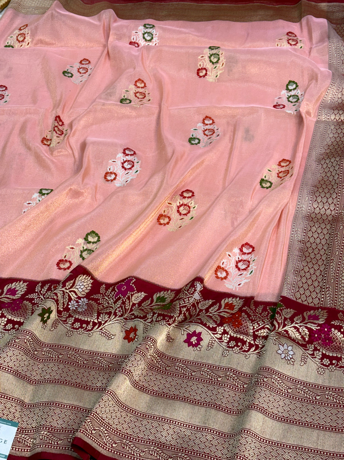 Peach Handwoven Tissue Buti Banarasi Meenakari Saree with Kadhiyal Border