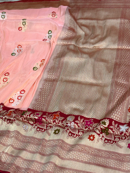 Peach Handwoven Tissue Buti Banarasi Meenakari Saree with Kadhiyal Border