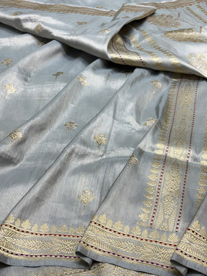 Silver Grey Banarasi Tissue Silk Handwoven Saree
