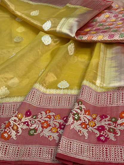 Pure Handwoven Tissue Buti Banarasi Saree with Meenakari Border
