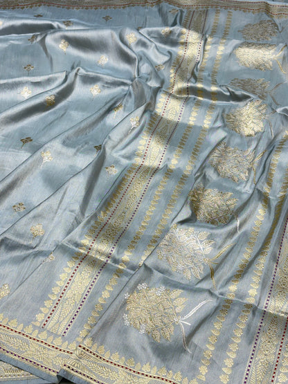 Silver Grey Banarasi Tissue Silk Handwoven Saree