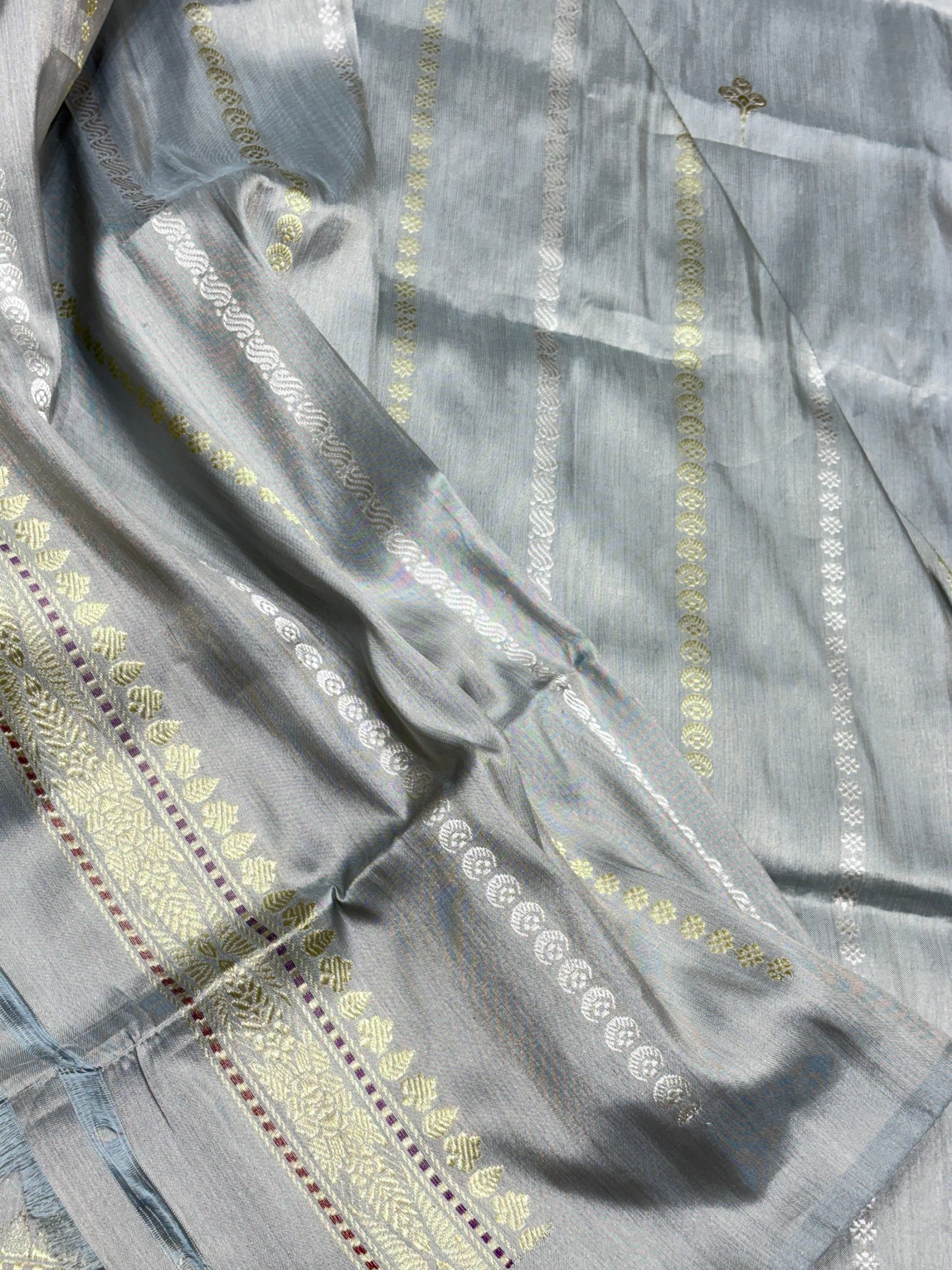 Silver Grey Banarasi Tissue Silk Handwoven Saree