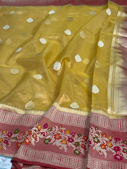 Pure Handwoven Tissue Buti Banarasi Saree with Meenakari Border