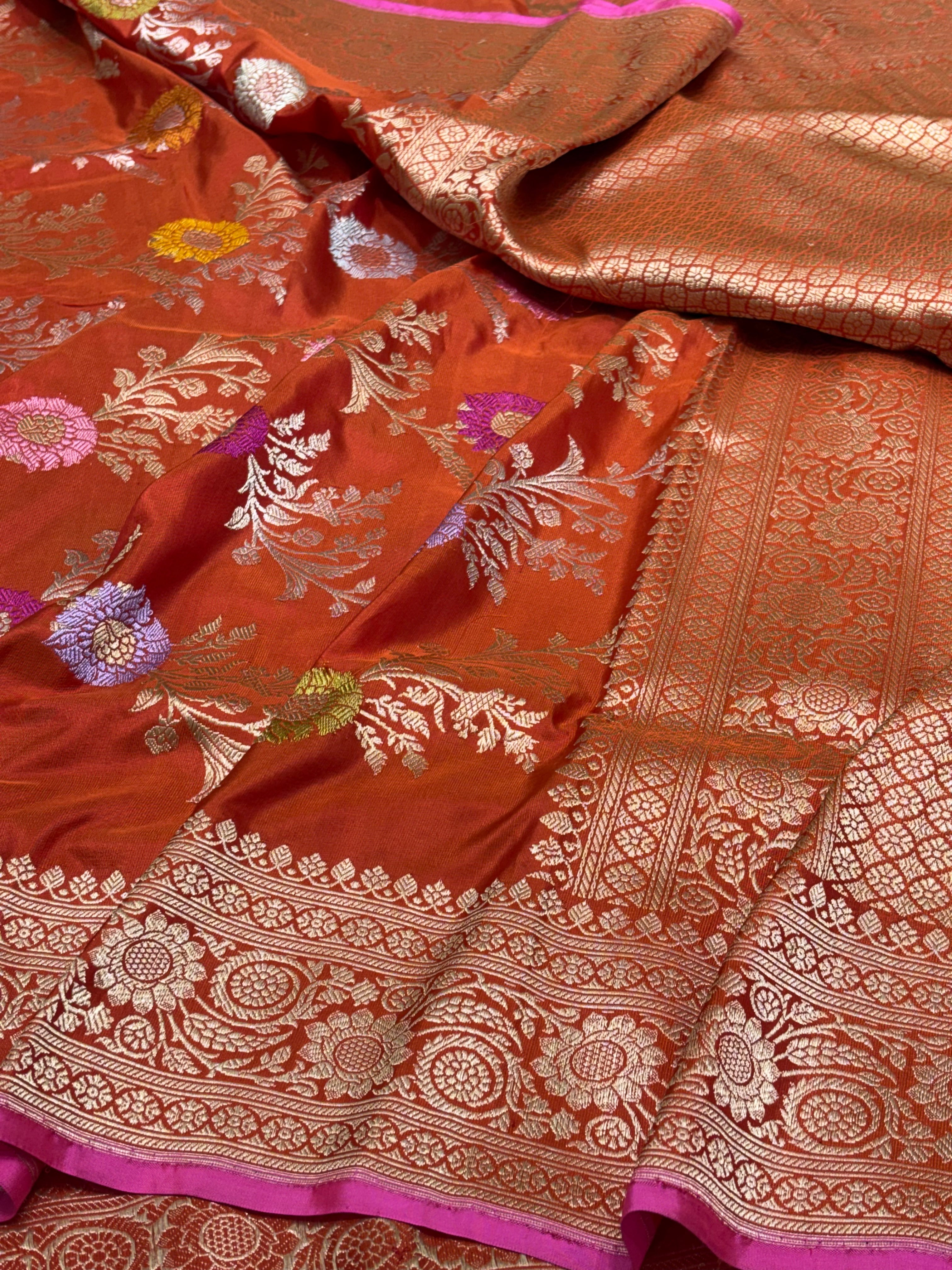 Rust Orange Banarasi Pure Katan Silk Handwoven Saree