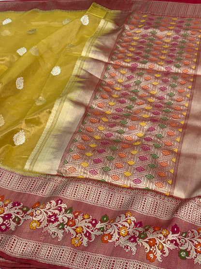 Pure Handwoven Tissue Buti Banarasi Saree with Meenakari Border
