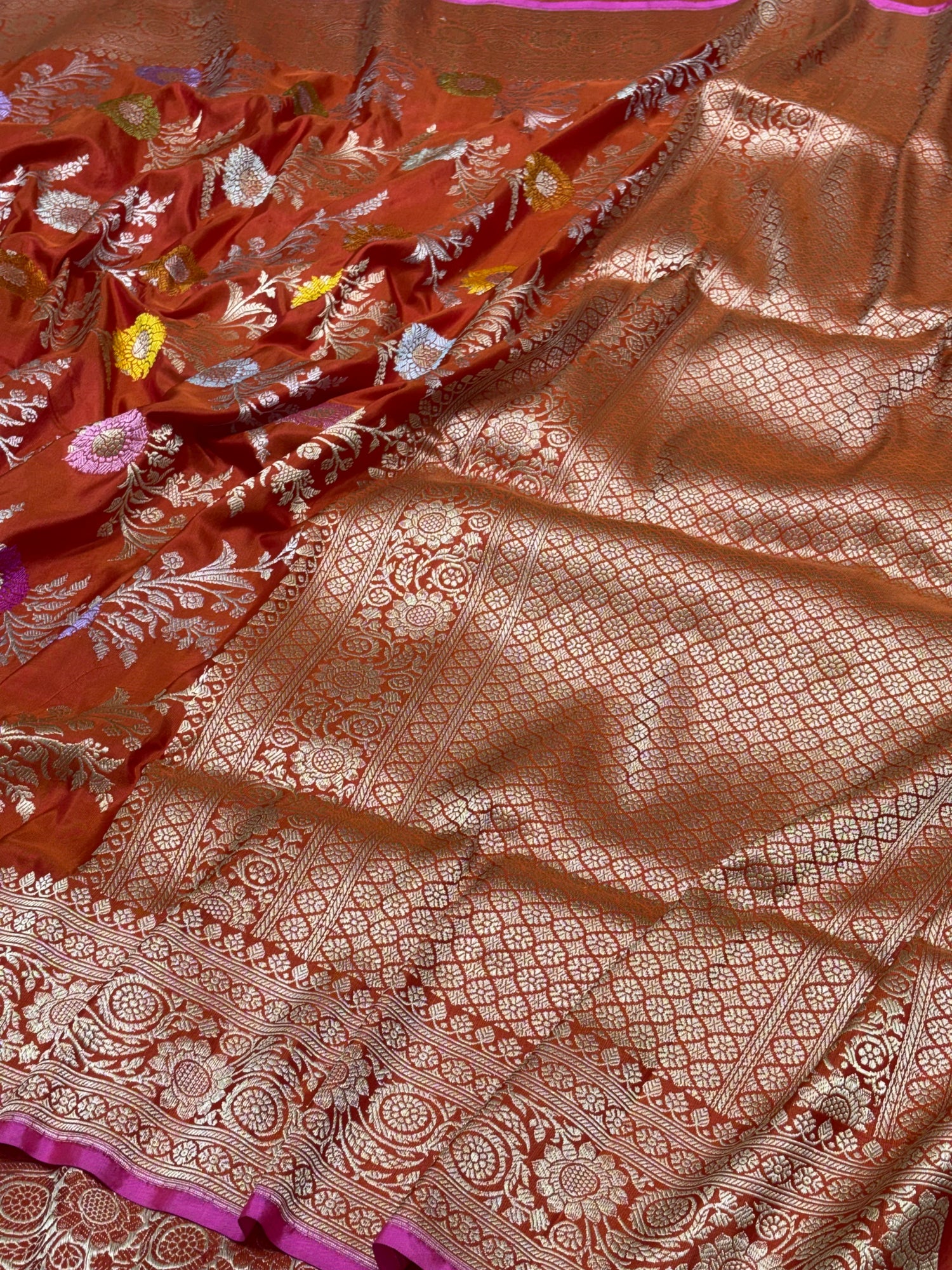 Rust Orange Banarasi Pure Katan Silk Handwoven Saree