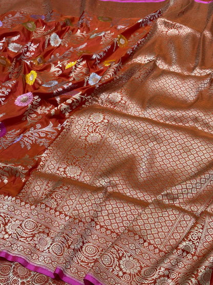 Rust Orange Banarasi Pure Katan Silk Handwoven Saree