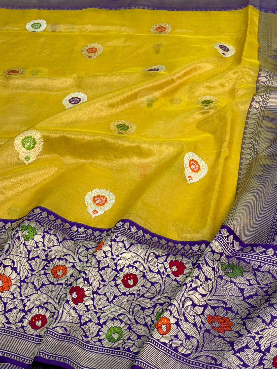 Yellow Kadhiyal Tissue Banarasi Saree with Meenakari Border