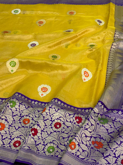 Yellow Kadhiyal Tissue Banarasi Saree with Meenakari Border