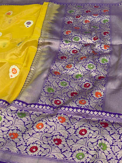 Yellow Kadhiyal Tissue Banarasi Saree with Meenakari Border