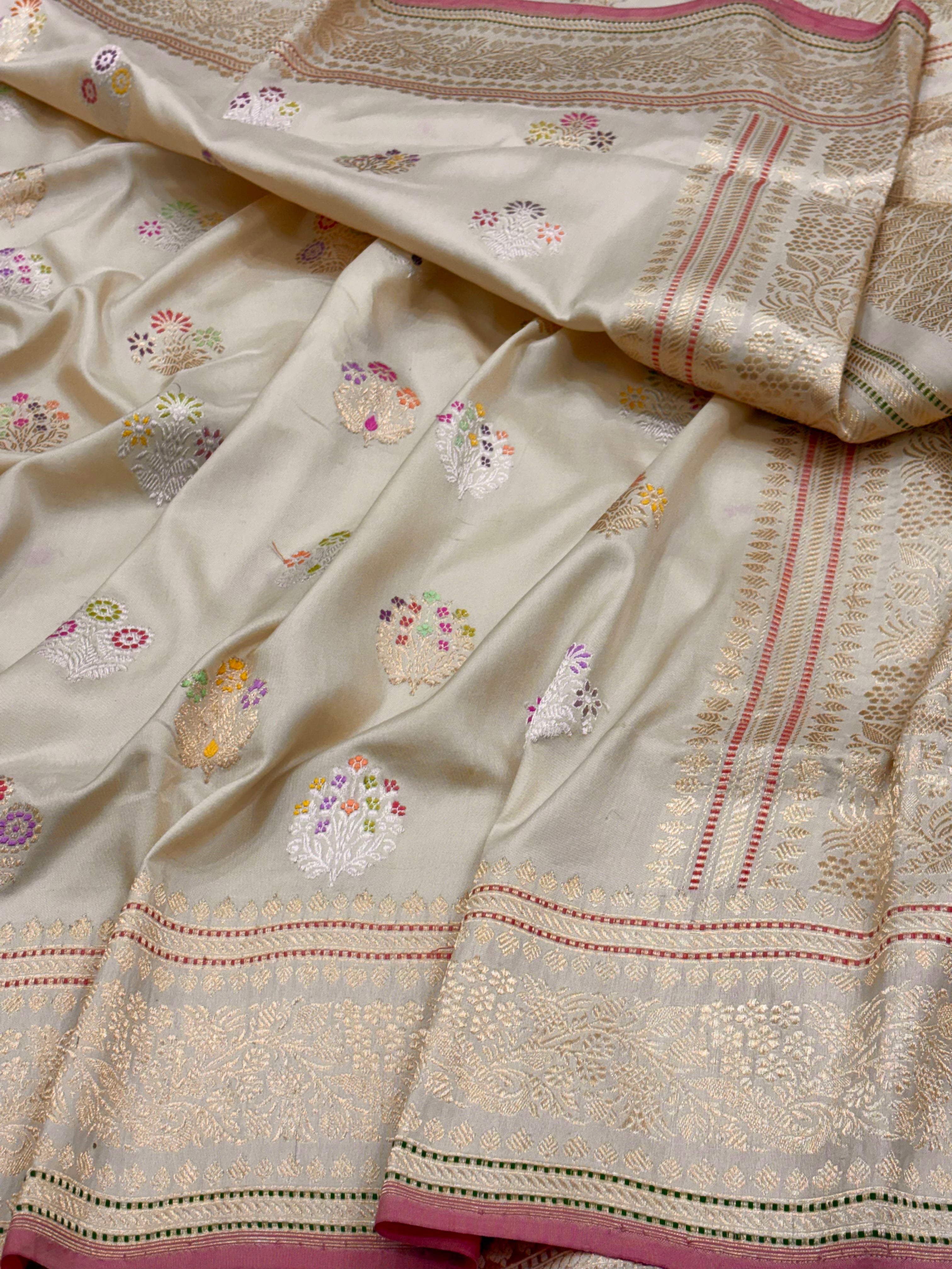 Ivory Banarasi Pure Katan Silk Handwoven Saree