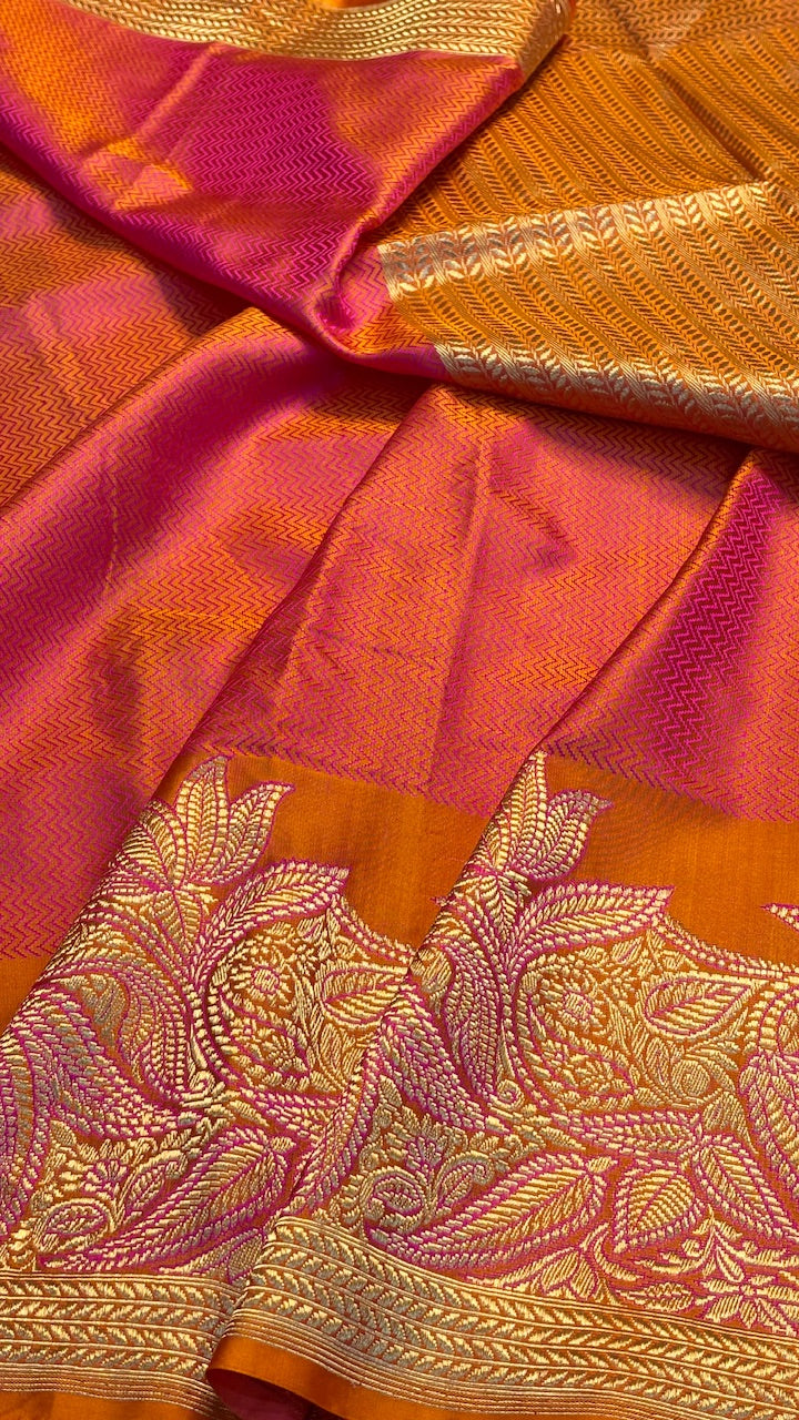 Orange Satin Tanchoi Silk Banarasi Handwoven Saree