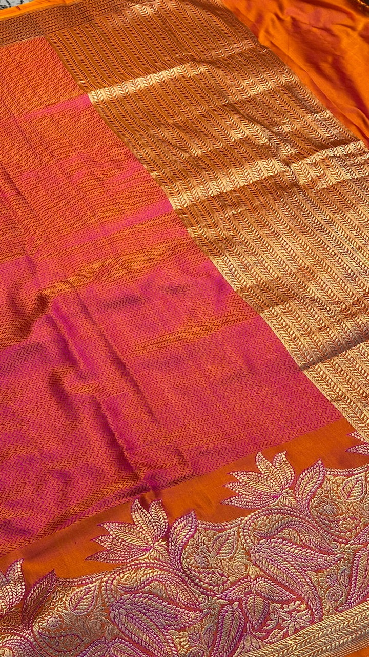 Orange Satin Tanchoi Silk Banarasi Handwoven Saree