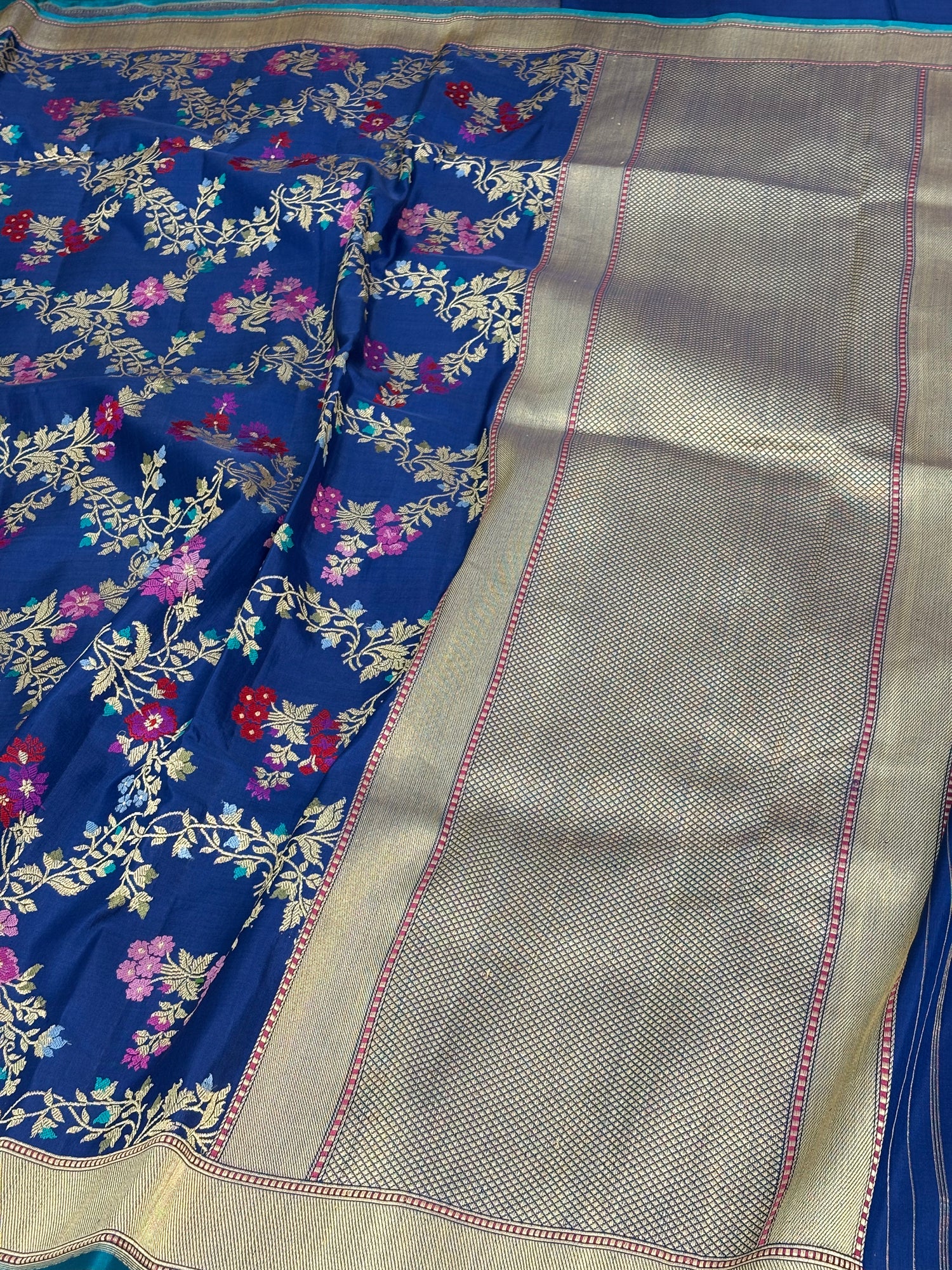 Navy Blue Handwoven Banarasi Katan Jaal Silk Saree