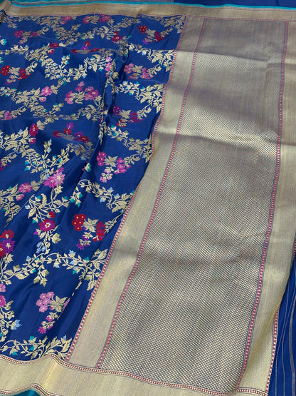 Navy Blue Handwoven Banarasi Katan Jaal Silk Saree