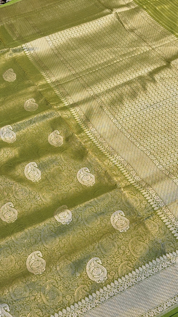 Pista Green Satin Tanchoi Silk Banarasi Handwoven Saree