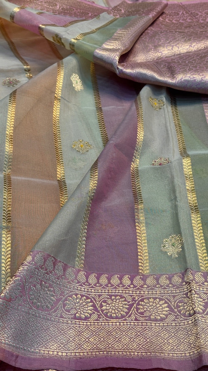 Multitone Ice Pastel Stripes with Zari Weave Banarasi Kora Silk Handwoven Saree