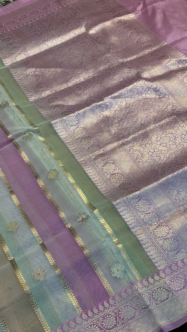 Multitone Ice Pastel Stripes with Zari Weave Banarasi Kora Silk Handwoven Saree