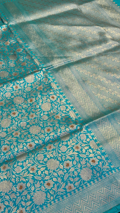 Sea Blue Banarasi Katan Brocade Silk Saree
