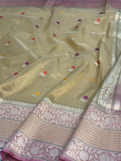 Goldish Tissue Meenakari Motif Banarasi Saree