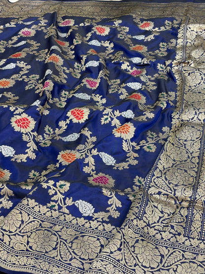 Navy Blue Handwoven Meenakari Jaal Banarasi Katan Silk Saree