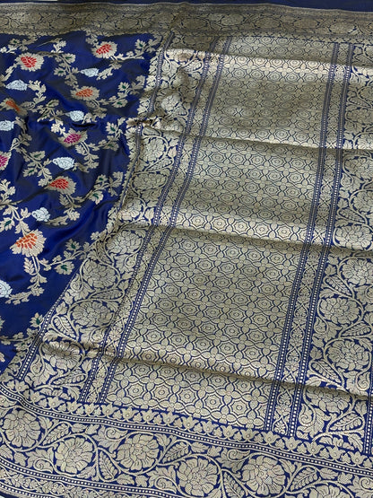 Navy Blue Handwoven Meenakari Jaal Banarasi Katan Silk Saree