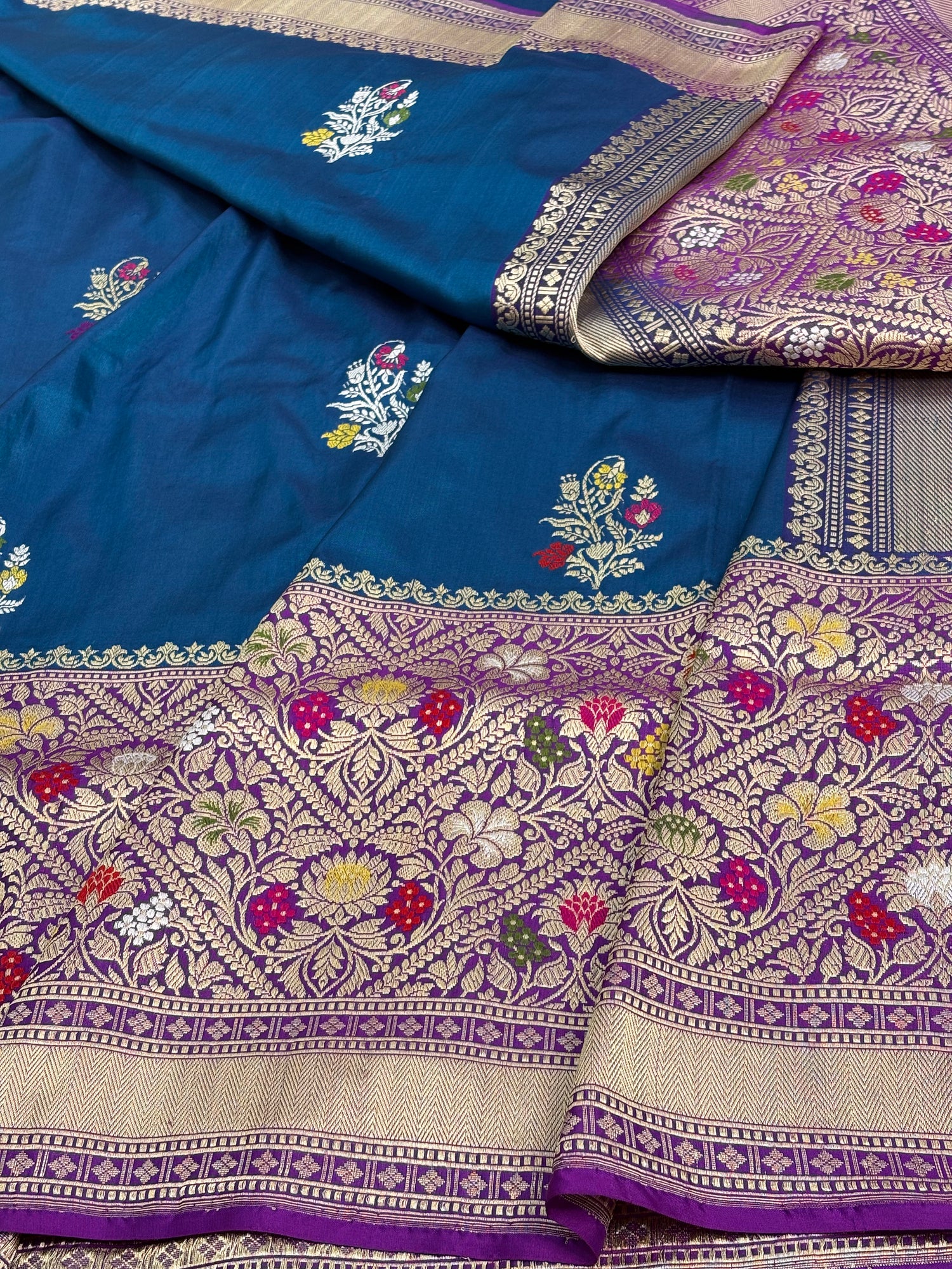 Navy Blue Meenakari Kadhiyal Banarasi Katan Silk Saree