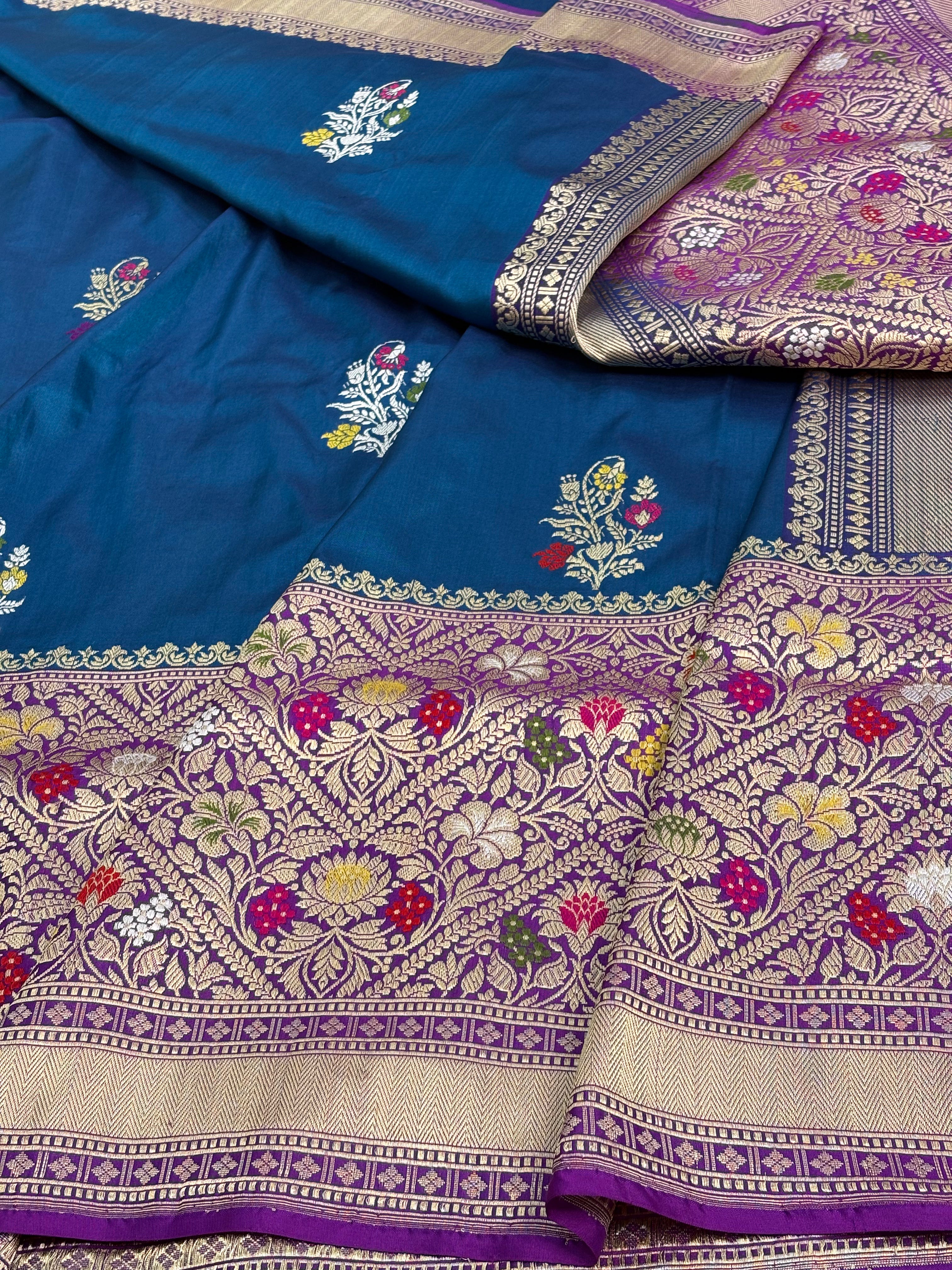 Navy Blue Meenakari Kadhiyal Banarasi Katan Silk Saree