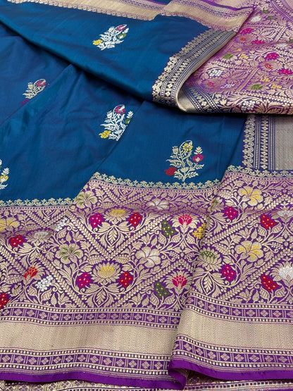 Navy Blue Meenakari Kadhiyal Banarasi Katan Silk Saree