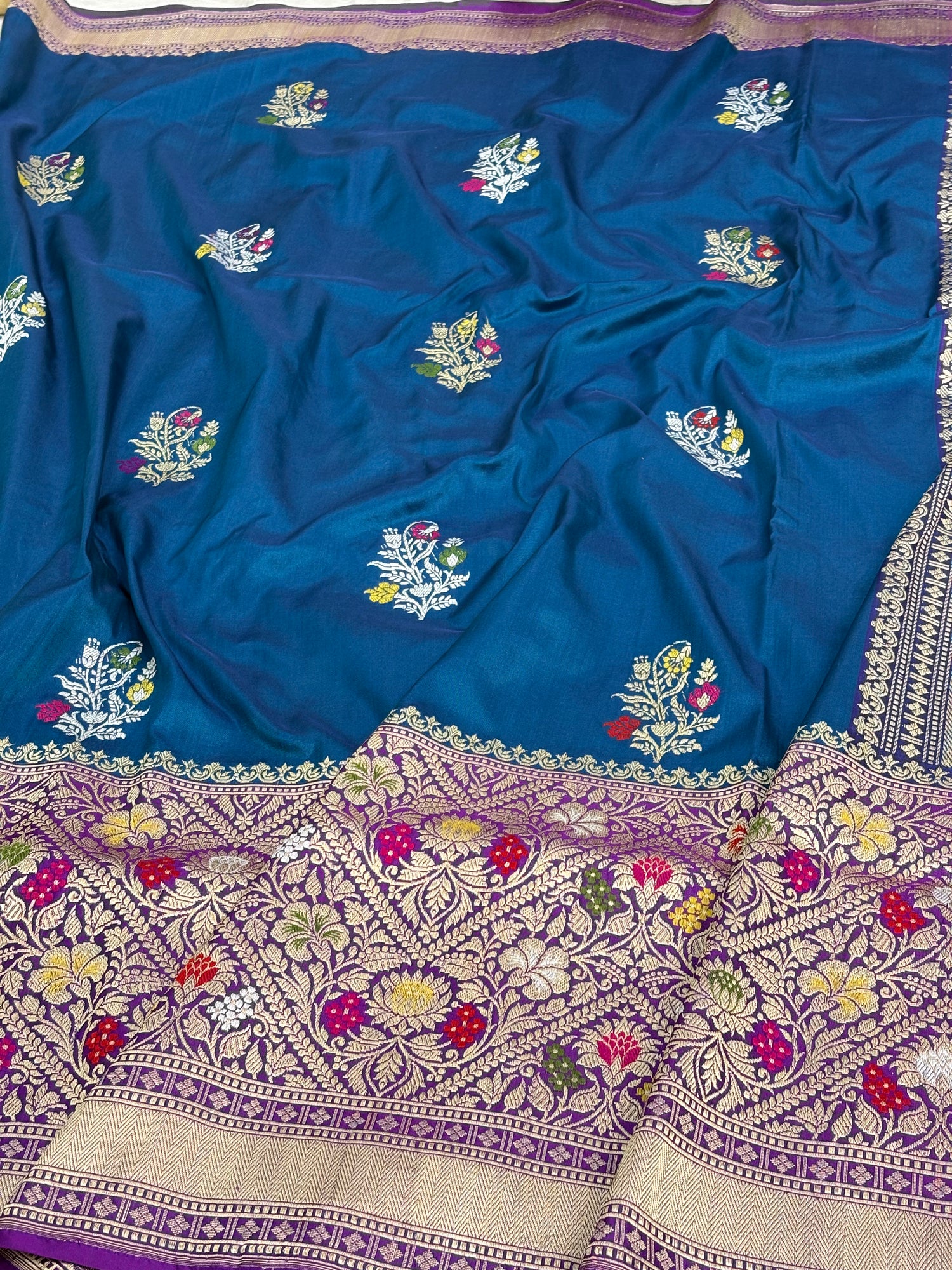 Navy Blue Meenakari Kadhiyal Banarasi Katan Silk Saree