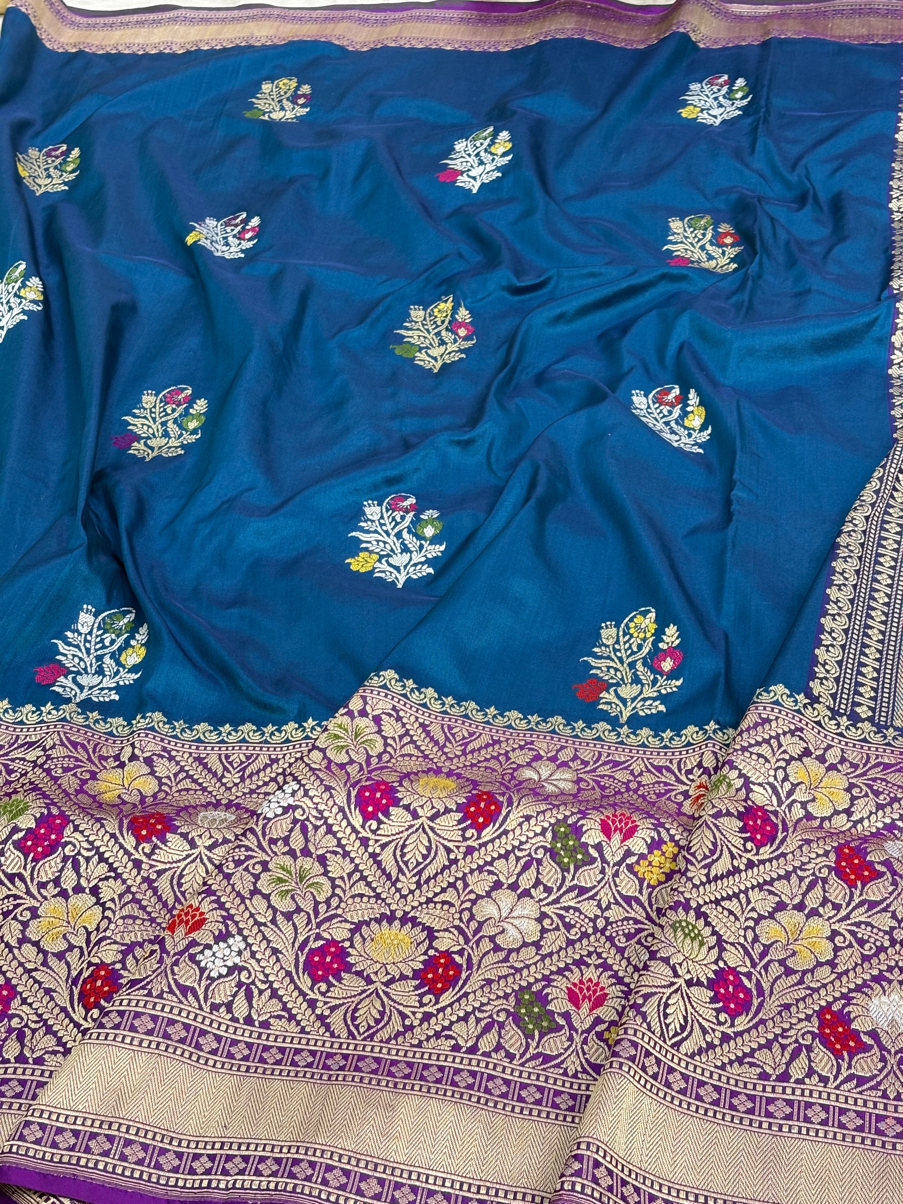 Navy Blue Meenakari Kadhiyal Banarasi Katan Silk Saree