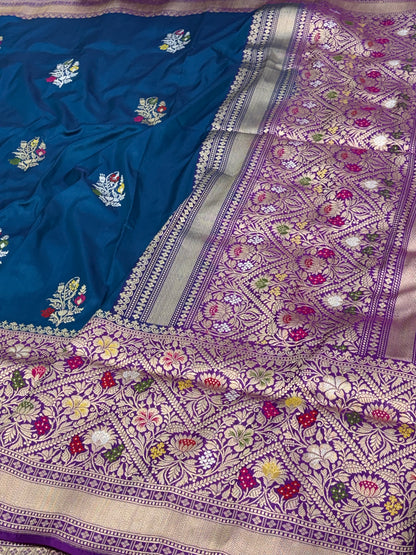 Navy Blue Meenakari Kadhiyal Banarasi Katan Silk Saree