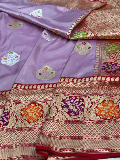 Lilac Kadhiyal Banarasi Katan Silk Saree with Red Meenakari Border