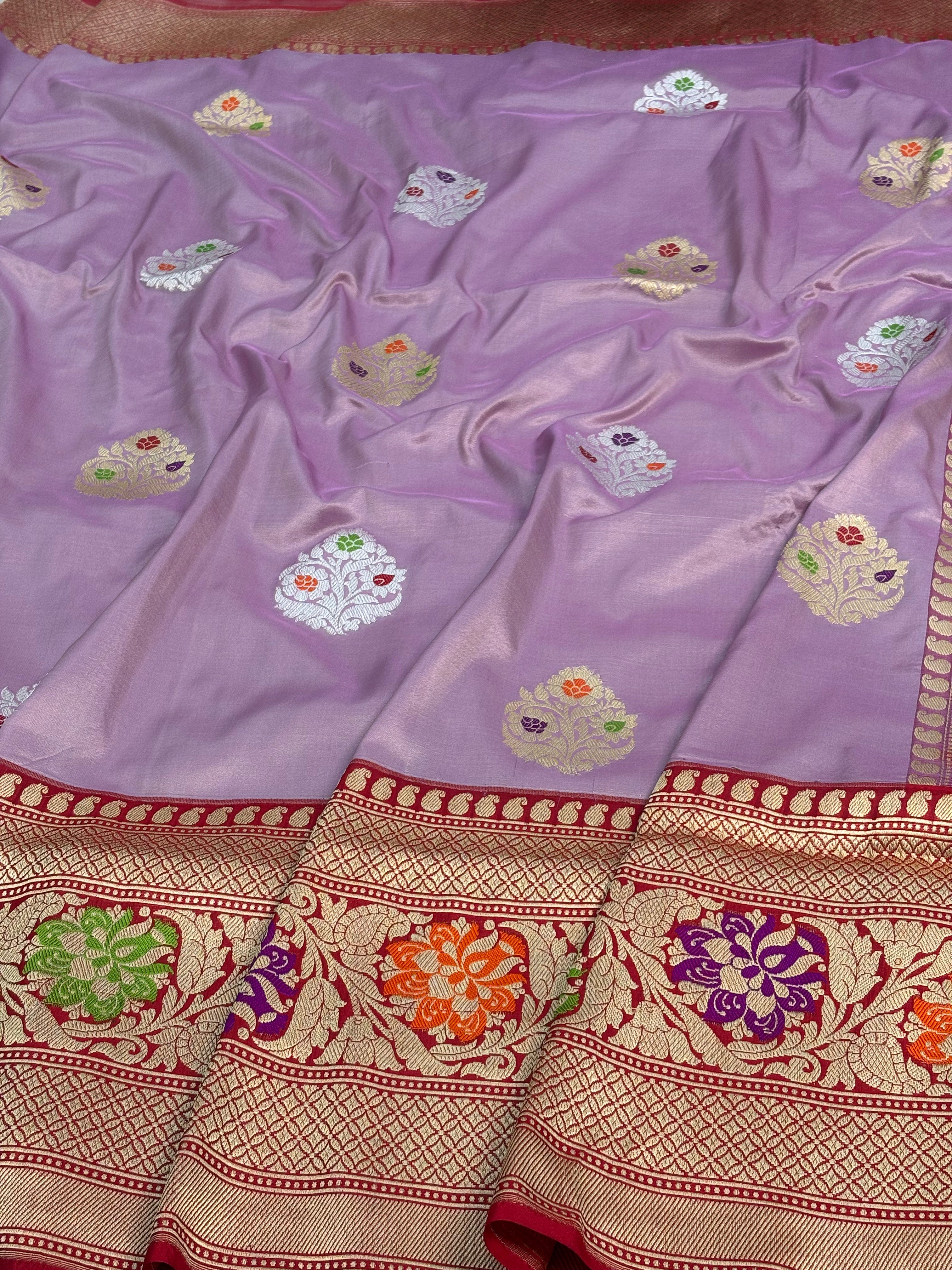 Lilac Kadhiyal Banarasi Katan Silk Saree with Red Meenakari Border