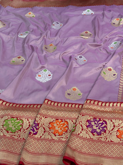 Lilac Kadhiyal Banarasi Katan Silk Saree with Red Meenakari Border
