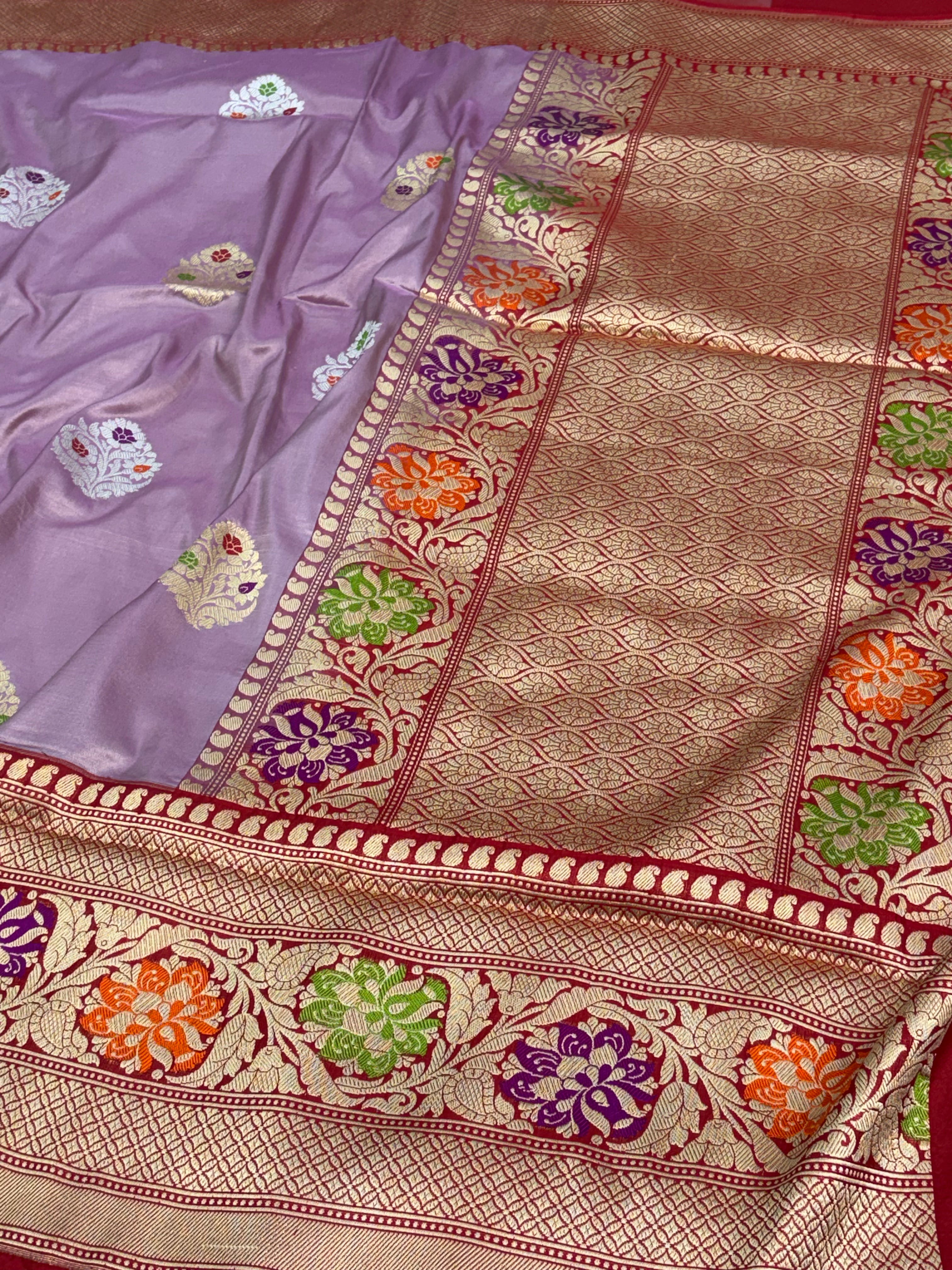 Lilac Kadhiyal Banarasi Katan Silk Saree with Red Meenakari Border