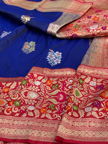 Royal Blue Kadhiyal Banarasi Katan Silk Saree with Meenakari Border