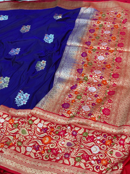 Royal Blue Kadhiyal Banarasi Katan Silk Saree with Meenakari Border