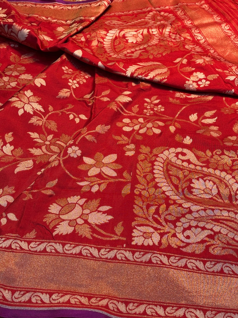 Red Silk Jamdani Saree with Zari Weaves