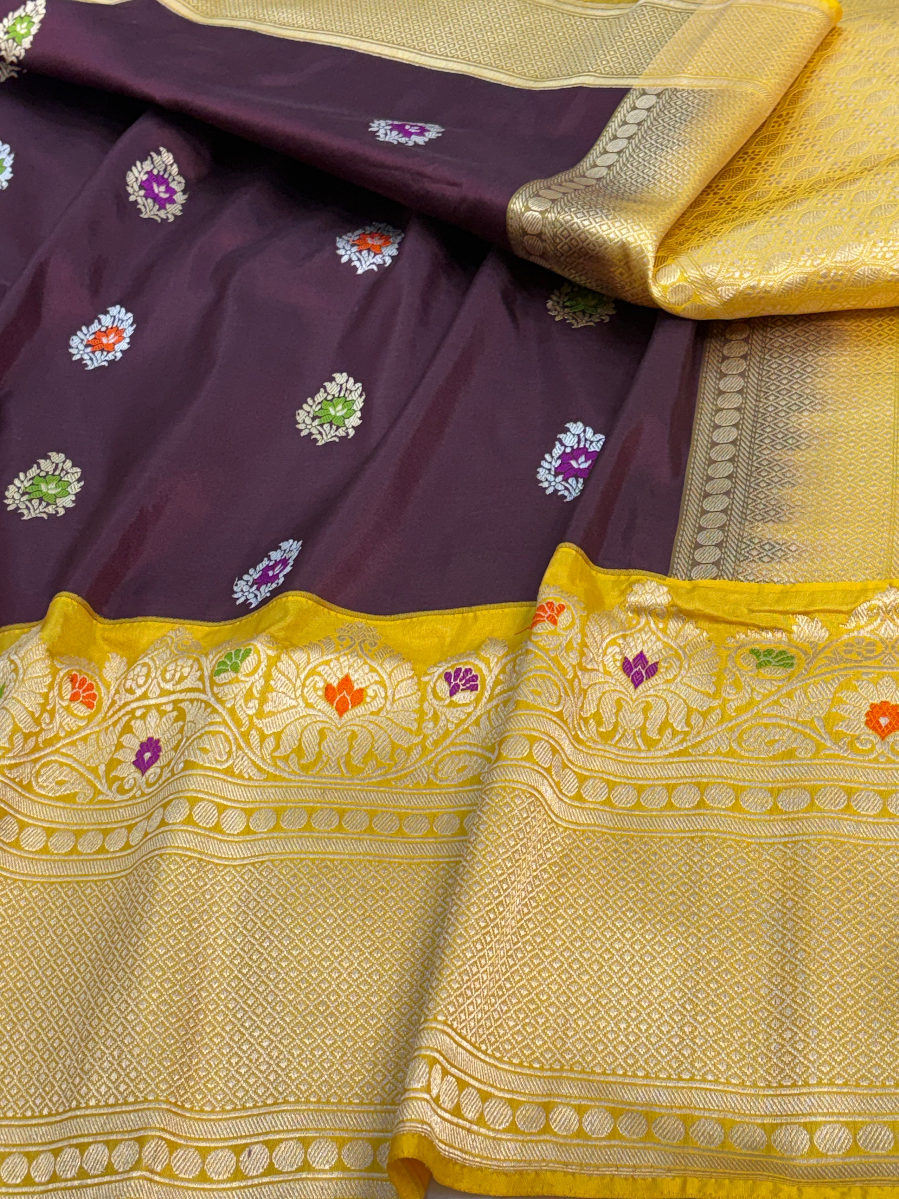 Wine &amp; Yellow Kadhiyal Banarasi Katan Silk Saree