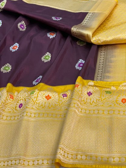 Wine &amp; Yellow Kadhiyal Banarasi Katan Silk Saree