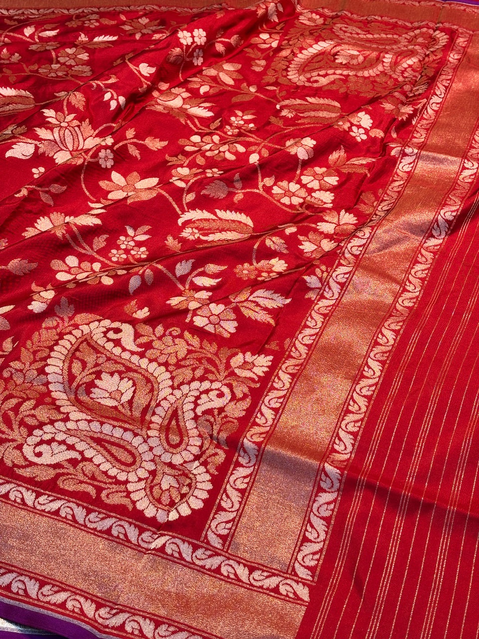Red Silk Jamdani Saree with Zari Weaves