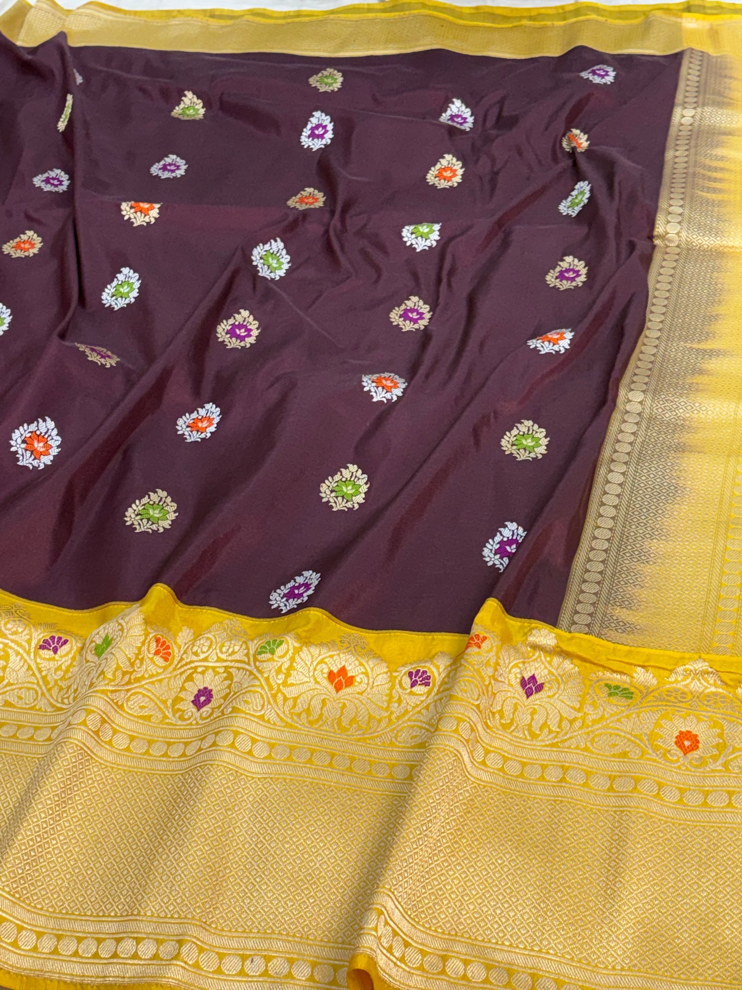 Wine &amp; Yellow Kadhiyal Banarasi Katan Silk Saree