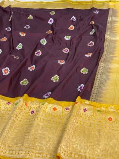 Wine &amp; Yellow Kadhiyal Banarasi Katan Silk Saree