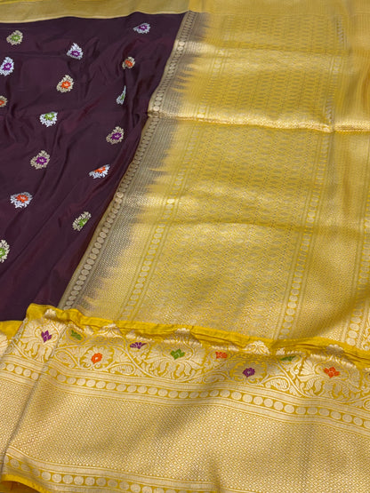 Wine &amp; Yellow Kadhiyal Banarasi Katan Silk Saree